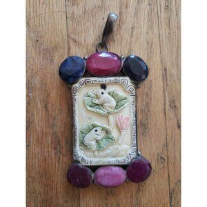 Pendant Frogs Lillypad Sterling Silver Ruby Sapphire  Asian